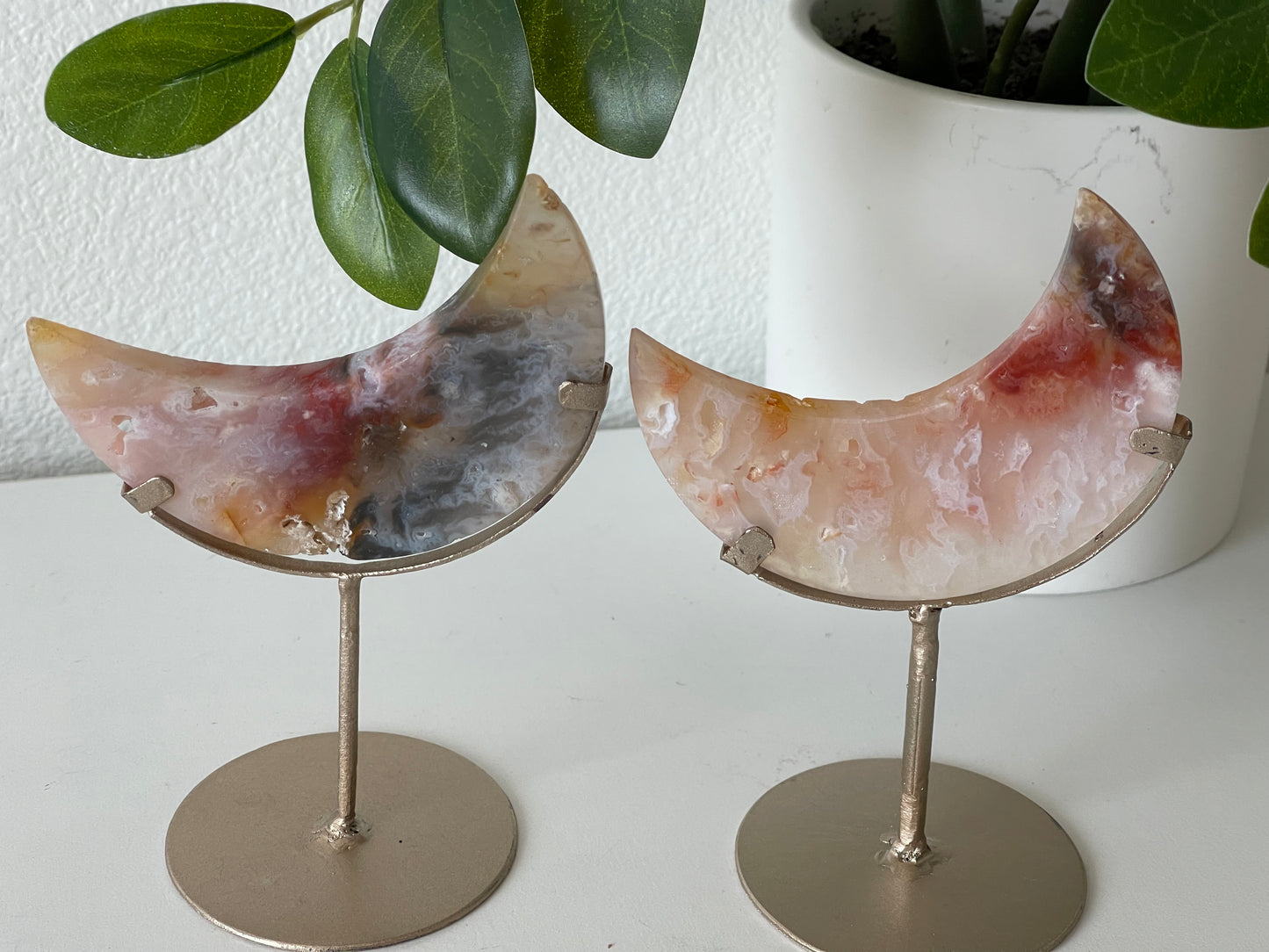 Pink Plume Agate Moon on Stand