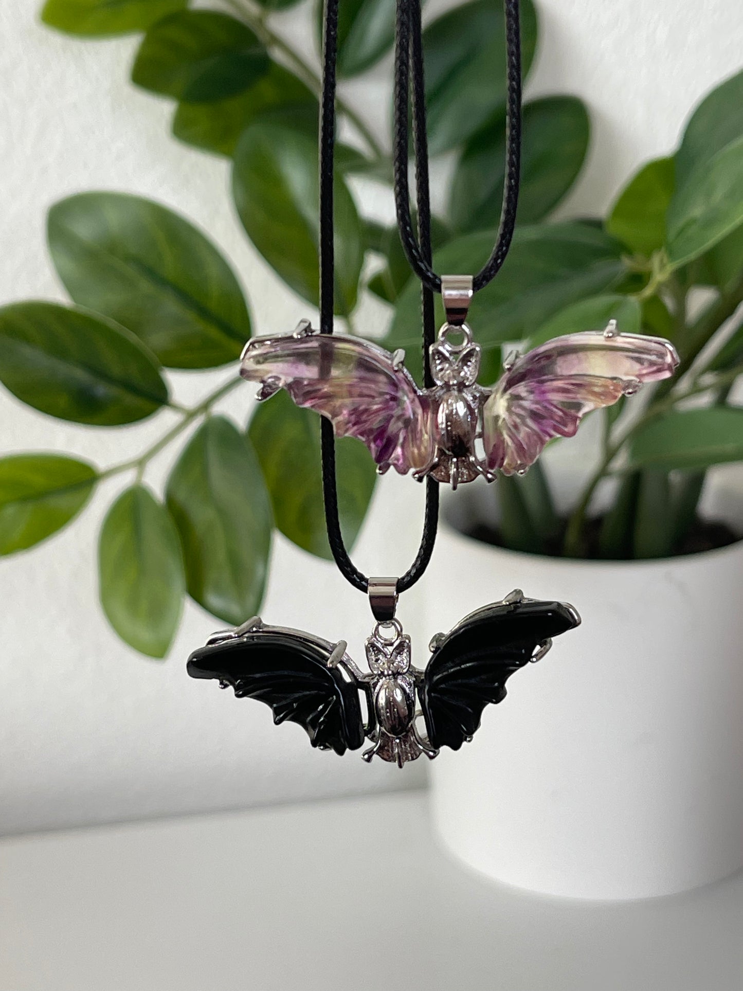 Fluorite and Obsidian Bat Necklaces